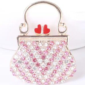 Gold Tone Pave Crystal Enamel Red Valentine Heart Purse Handbag Brooch Pin